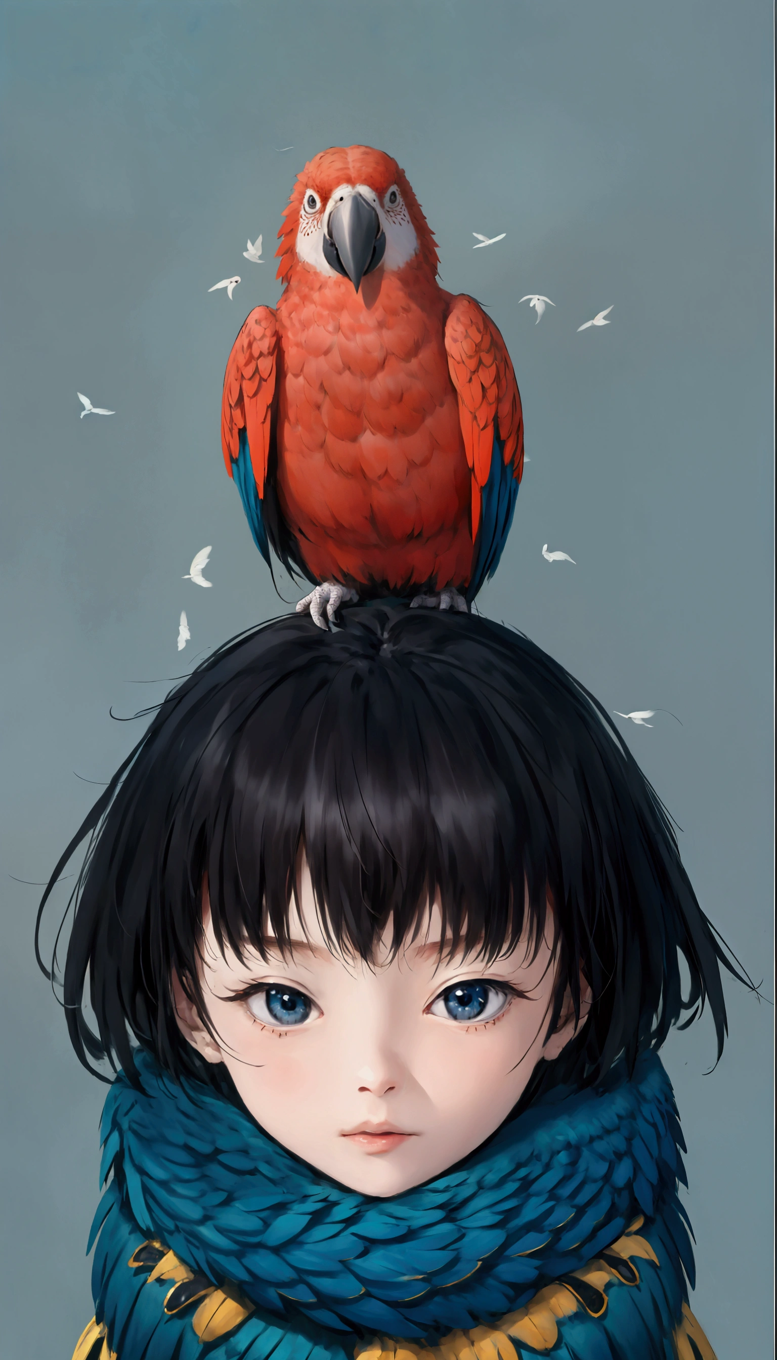Masterpiece、Highest quality、A parrot is perched on my head.。scenery、Urban hustle and bustle、