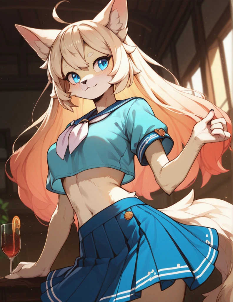 score_9, score_8_up, score_7_up, score_6_up, score_5_up, score_4_up, アニメ, Anthropomorphic character, with brown and white fur, Fluffy tail, cropped top with short sleeves, overskirt, blue colored eyes