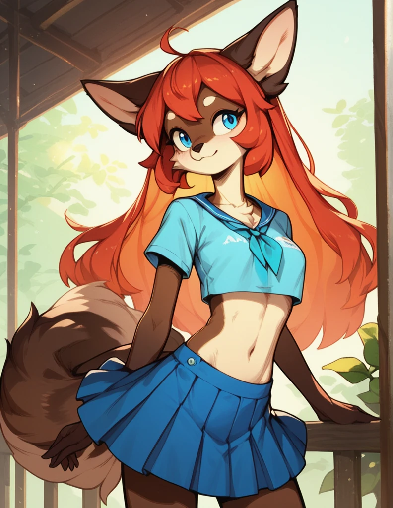score_9, score_8_up, score_7_up, score_6_up, score_5_up, score_4_up, アニメ, Anthropomorphic character, with brown and white fur, Fluffy tail, cropped top with short sleeves, overskirt, blue colored eyes