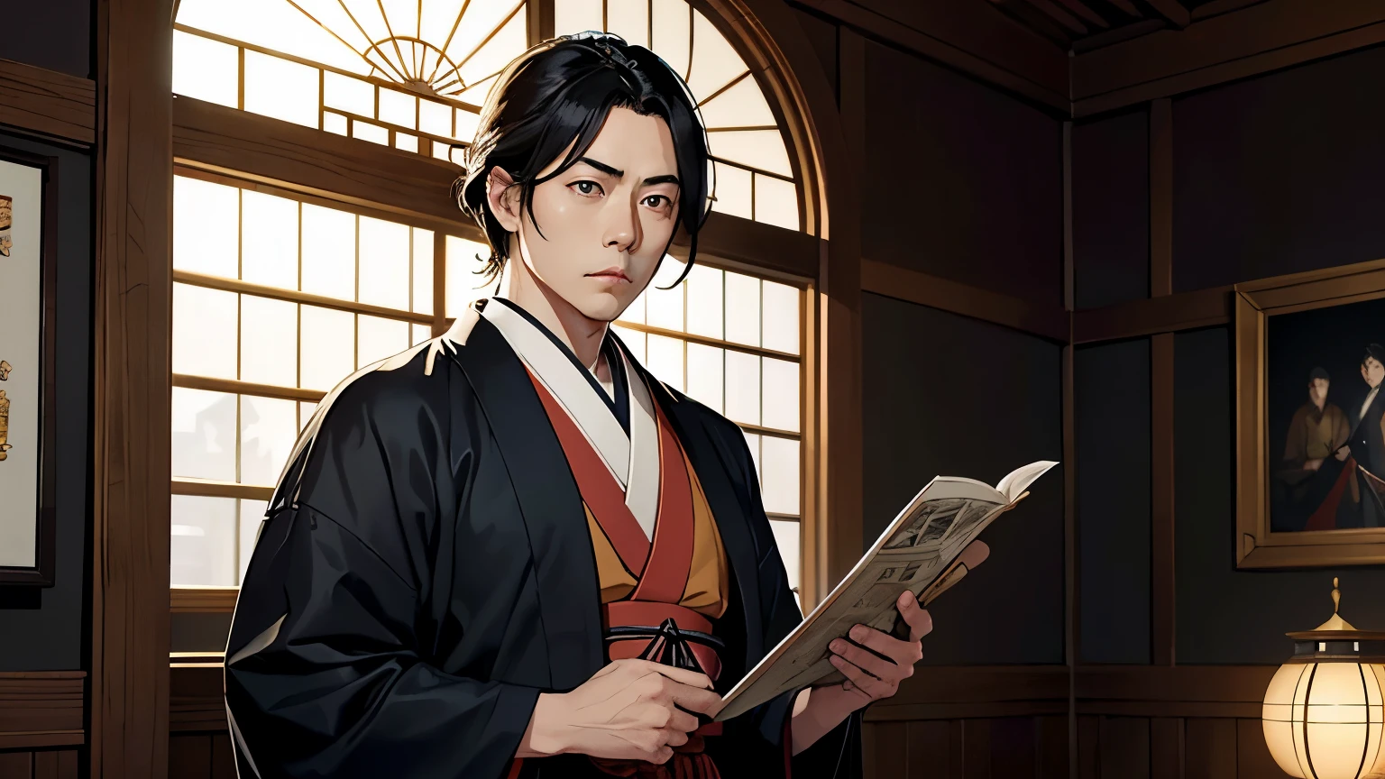A hyper-realistic portrait of Sakamoto Ryoma in traditional Edo period samurai attire, standing confidently in a room filled with international artifacts like a globe, maps of the world, and Western books. He holds an English newspaper in one hand, with his other hand resting on a katana. The background shows a large window overlooking a bustling port with foreign ships, symbolizing his connection to the outside world. The lighting is soft, highlighting his contemplative expression as he looks into the distance, representing his forward-thinking vision for Japan.