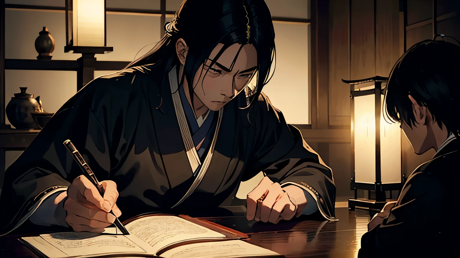 A dramatic, high-detail scene of Sakamoto Ryoma in a dimly lit room, illuminated only by the flickering light of a candle. He is seated at a low wooden table covered with ancient scrolls and detailed maps of feudal Japan. Surrounding him are shadowy figures of other samurai, their faces obscured by the darkness. Ryoma’s face is partially shadowed, with a focused, intense expression as he discusses the secret plans for the Taisei Hokan. The atmosphere is tense, with a sense of urgency and secrecy, enhanced by the intricate details of the traditional Japanese decor and the historical accuracy of the setting.