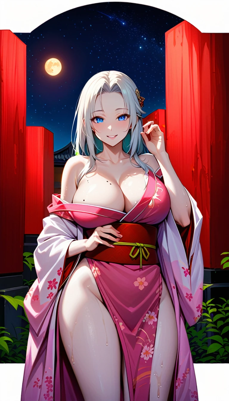 solo, long hair, breasts, looking at viewer, bangs, big breasts:1.5, hair ornament, cleavage, blue eyes, full body, clip on hair, laughter ,parted lips, japanese clothes, kimono, mole, mole under eye, tsunade,curve body,milf,motherly,mature female,night sky ,standing ,cross hand holding kimono,untied kimono, cowboy shot,kimono off the shoulder,oil skin, Milky white skin,wet dress ,wet body, mercenary pose,face on front,big round breasts. slightly , slim body, sexy body, white skin, loose kimono ,face on camera ,full body shot,long hair