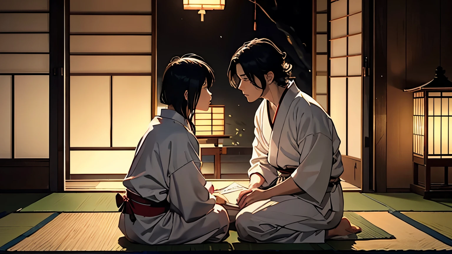 A romantic and serene scene of Sakamoto Ryoma sitting on a tatami mat in a traditional Japanese room, illuminated by the soft glow of a paper lantern. He is writing a love letter on delicate rice paper, his face calm and content as he thinks of his wife, Oryo. In the background, Oryo is visible through a sliding shoji door, watching Ryoma with a gentle smile. The room is adorned with elegant, minimalist Japanese decor, including a vase with a single cherry blossom branch, symbolizing their deep but simple love. The atmosphere is intimate and peaceful, capturing a tender moment between the couple.
