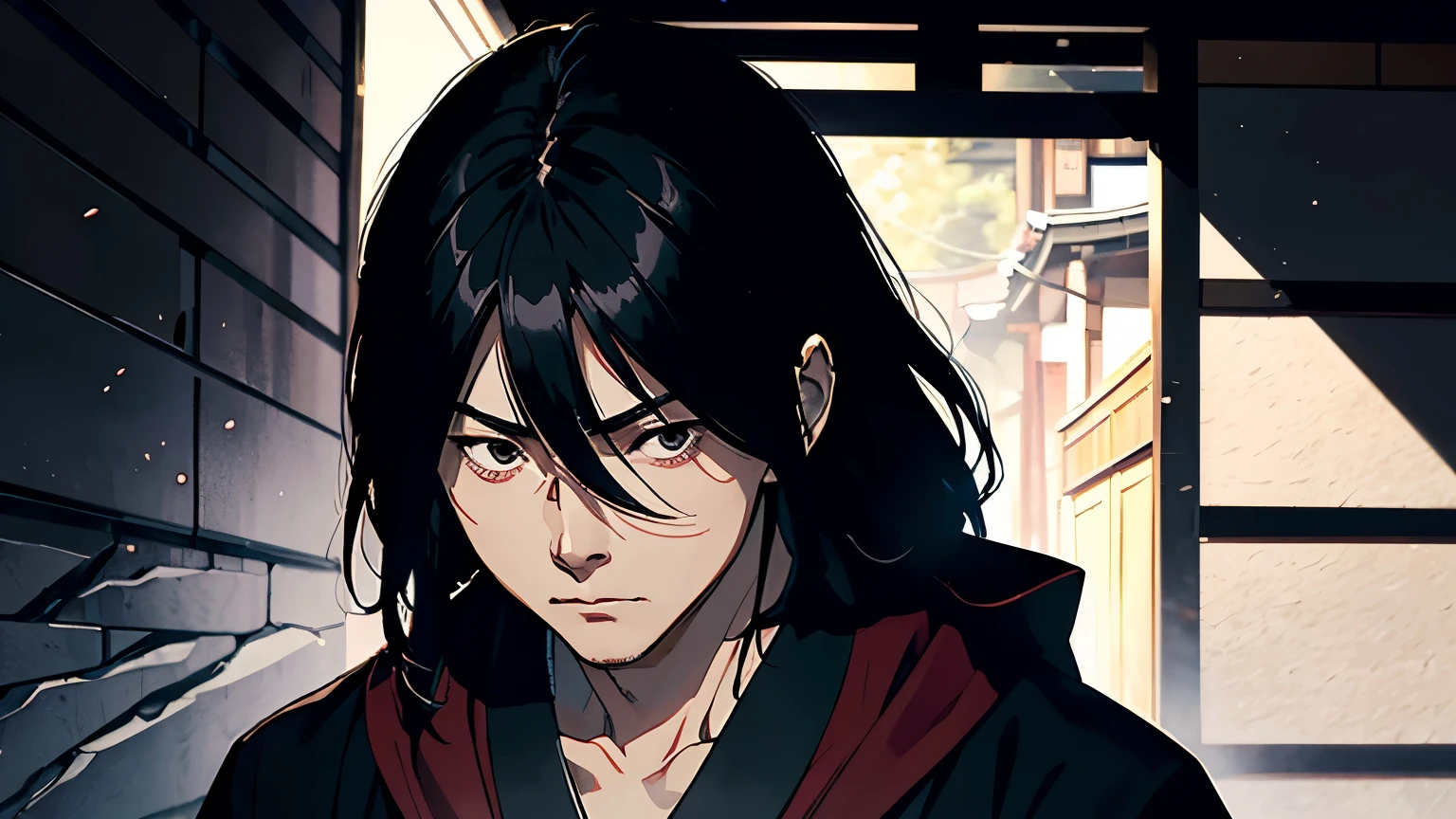 A suspenseful, high-quality image of Sakamoto Ryoma moments before his assassination. The scene is set in a dark, narrow alley in Kyoto, with shadows lurking behind him. Ryoma is shown in a traditional Japanese cloak, looking over his shoulder, sensing the danger but unaware of the exact threat.