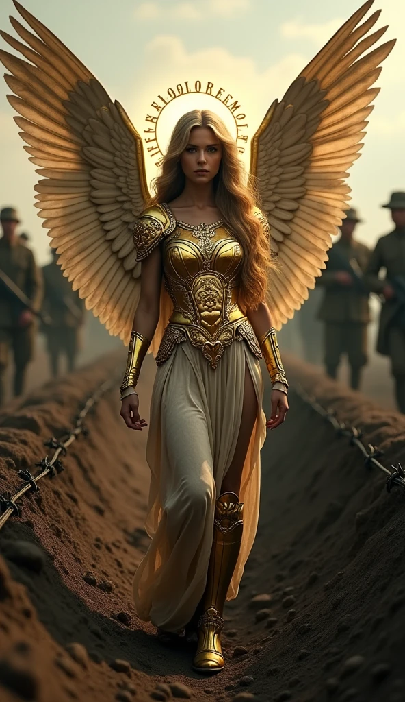 Beautiful female angel standing in a World War I trench, Halo, Wearing ancient Greek-style gold armor