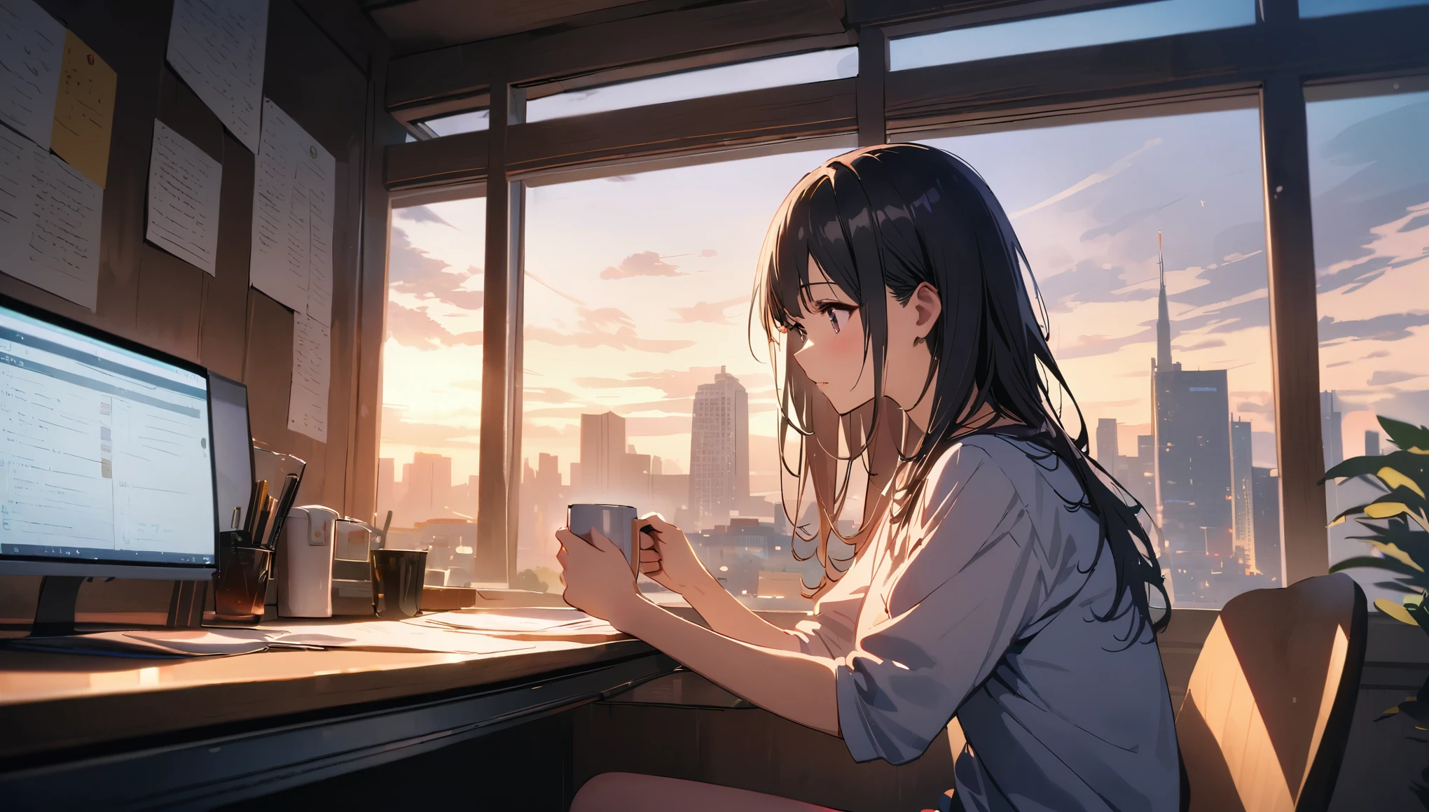Beautiful female college student, By the window, Note,Noteを見つめる, Cafe, Window leading to the white desk, City view, High places,  Overlooking the cityscape, Note, Holding a pen and a mug,, Black Hair, Lounge wear in the middle of summer, ((Skin on the side)), Intellectual atmosphere, Lighting, Knowledge, scholarship, learning tools, enthusiasm, Quiet environment, enthusiasm, Immersion, curiosity, Research,　concentrated, sense of achievement, cinematic Lighting, Sony FE GM, masterpiece, Highest quality, 4K, Academic atmosphere, (masterpiece), (Highest quality), Ultra-high resolution, Sharp focus, Beautiful detailed hair
