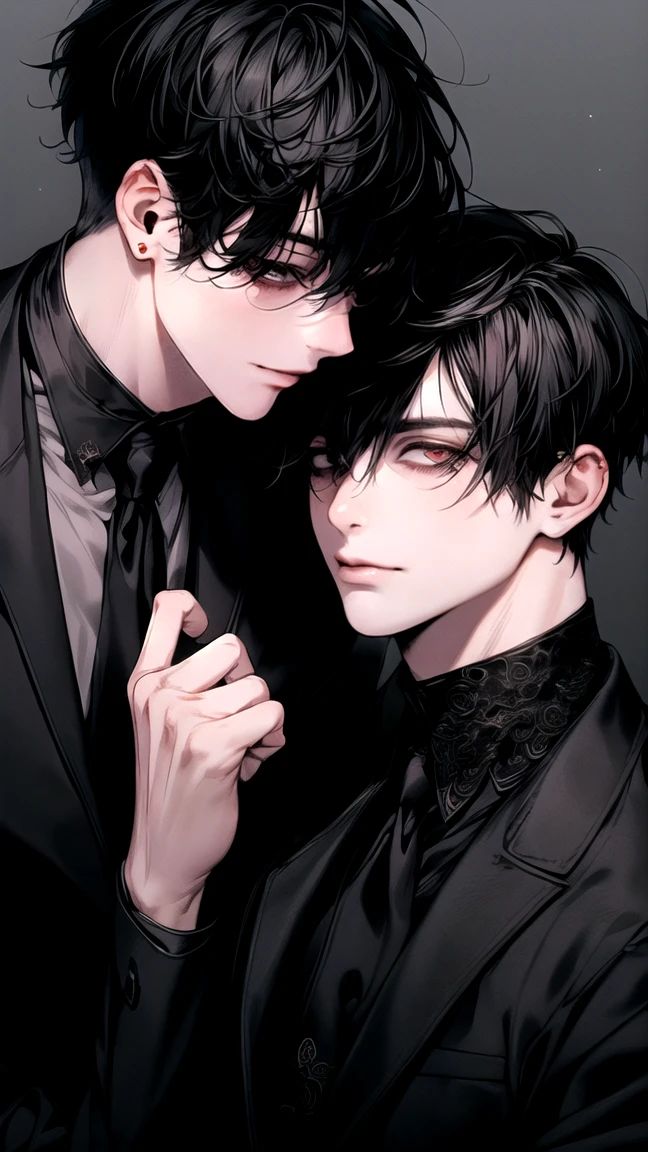 (Masterpiece), (High Quality), Very detailed, (( Threesome guy)), Perfect Face, Beautiful Face, Very detail, (short Black-haired man), (short white-haired man), open shirt and black suit, stained blood, blood, long eyelashes, shining, effection, teased,