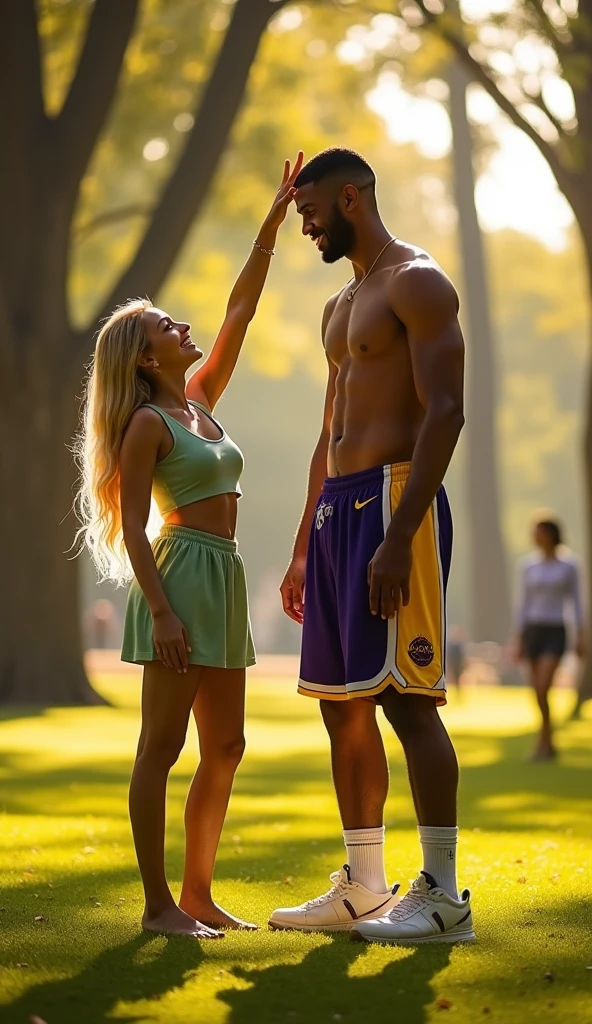 Magnificent detail, 8K Photos, hyper- realism, realistic background, visual depth, wide angle lens, professional light, all-body. photo by full body. Couple with Opposite Body Heights, posing for a full-body photo. The woman smiles and raises her arm to try to reach the man's face, but she doesn't reach his chest. A 25 year old natural blonde woman, white, short 156cm tall, curvy body, perfect, rocking a light green set, She's wearing a cropped, decorated top and skirt, a giant 214cm tall black alpha male, basketball player, who is shirtless, with a Lakers jersey draped over her shoulder, short dos laker. your immense , is easily perfect by the relief in your shorts, he doesn't seem to be wearing underwear. He has strong arms. public park. Short and Tall. Height Difference