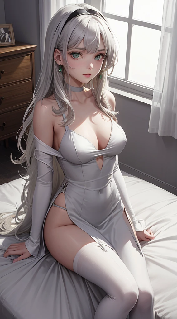 Character Details:, - Gender: 1 Girl.
- Style: Anime, - Body Type: Attractive body, nice body, nice legs, nice tights, nice arms, nice shoulders. - Breast: (Breast:1.2)- Facial Feature: Beautiful, Gorgeous, ager, Fresh, Young.
- Expression: Small smile, Horny Look, emerald green eyes. - Hairstyle: Blunt Bangs. - Hair Color: (White Grey Hair:1.5), (Straight and Wavy Long Hair:1.3),
- Clothing: (Expensive Dress.). - Body Pose: (Sitting on bed:1.3), Teasing, Look on camera, (Hands down).- Behaviour: Waiting, Want Something, Secretly.
- Accessories: Earrings, thin Black Headband, Green Hair Accessories, Environmental Details:, - Setting: Bed Room., - Lighting: Natural Light., - Decoration: Modern Bed, Chair, Window, White Curtain, City View. Top view. pov, anime style, UHD, retina, masterpiece, accurate, anatomically correct, textured skin.