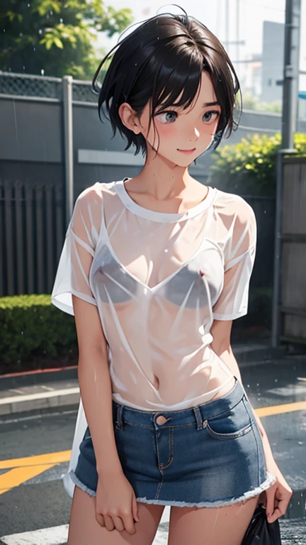Highest quality、Realistic、、zoom、、Girl、look up、cute、Light grey eyes、Black Hair、Short Hair、boyish、Tanned brown skin、Dark Skin、Plain white T-shirt、Denim mini skirt、heavy rain、Heavy Rain、Soaked from head to toe、Wet Hair、Wet Face、Wet body、A wet, clingy shirt、A wet, see-through shirt、Transparent nipples、Shy laugh、Flat Chest、No bra、Bust Shot、thin