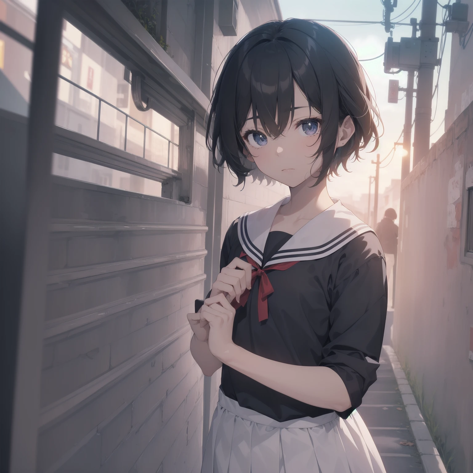 ultra-absurdres-Top quality by artist God, ultra-detailed, high resolution, anime moe artstyle, best anime 8k konachan wallpaper, pixiv contest winner, pool:2810, perfect anatomy,break, 1girl, (Please draw a girl walking sleepily to school alone. )break,(Solo,little female, 13-year-old:1.3),Full limbs, complete fingers,a junior high school student, (very short hair), short cut, flat chest, , small butt, small black eyes, beautiful detailed eyes, well-proportioned iris and pupils, expressive eyes, highres detailed hair, soft expression, salor school_uniform, sailor collar, serahuku, bow, pleated skirt,(Detailed Lighting), (Detailed background), in the School commute route. break,super detailed skin, Best cinematic lighting powered by famous artist, 8k,beauty illustration,photoshop_(medium),very aesthetic,break,((artist:izumi_tsubasu )), artist:clamp ,artist:carnelian ,artist:kantoku ,
