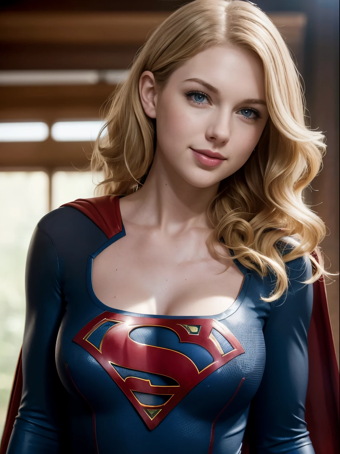 ((high resolution)), ((pale skin)), freckled, Taylor Swift, blushing cheeks, wavy hair, smiling, large breasts, sexy Supergirl, one exposed breast