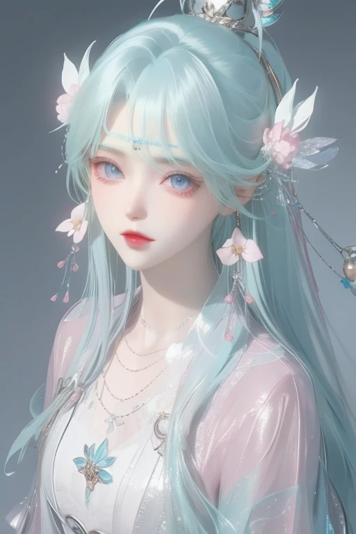 1 girl,flower, Platycodon ,Light pink and light blue style,