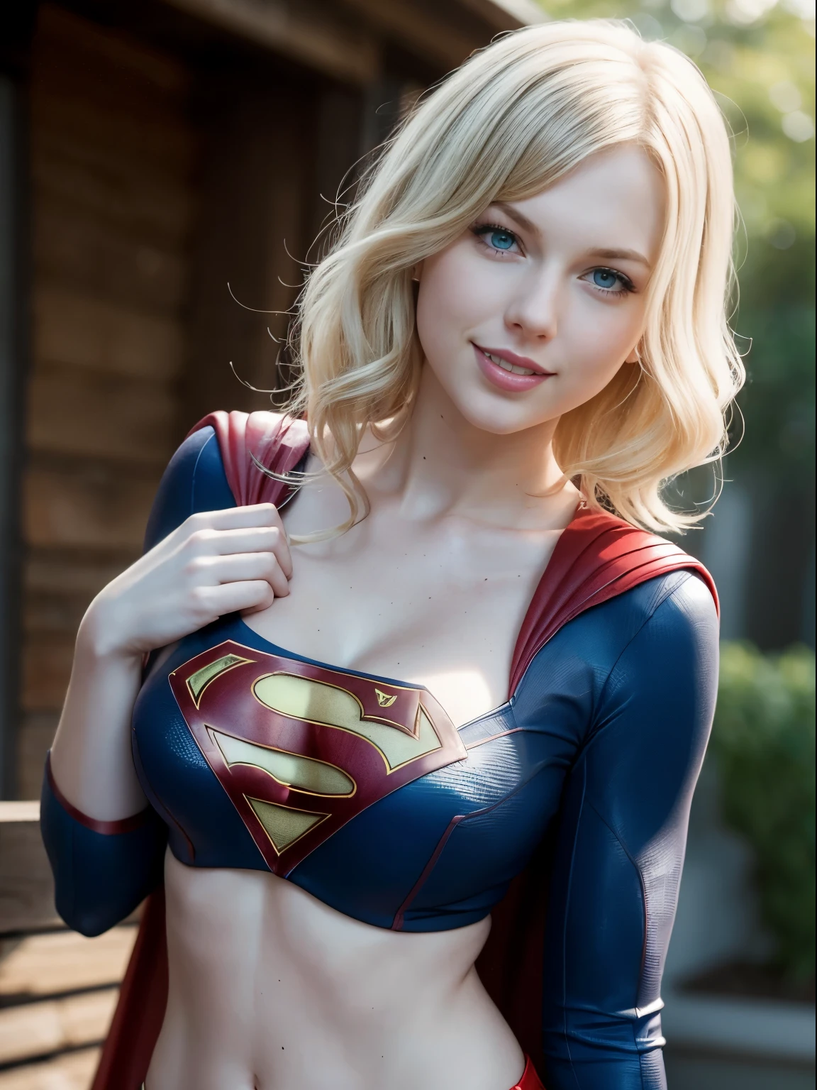 ((high resolution)), ((pale skin)), freckled, Taylor Swift, blushing cheeks, wavy hair, smiling, large breasts, sexy Supergirl, one exposed breast