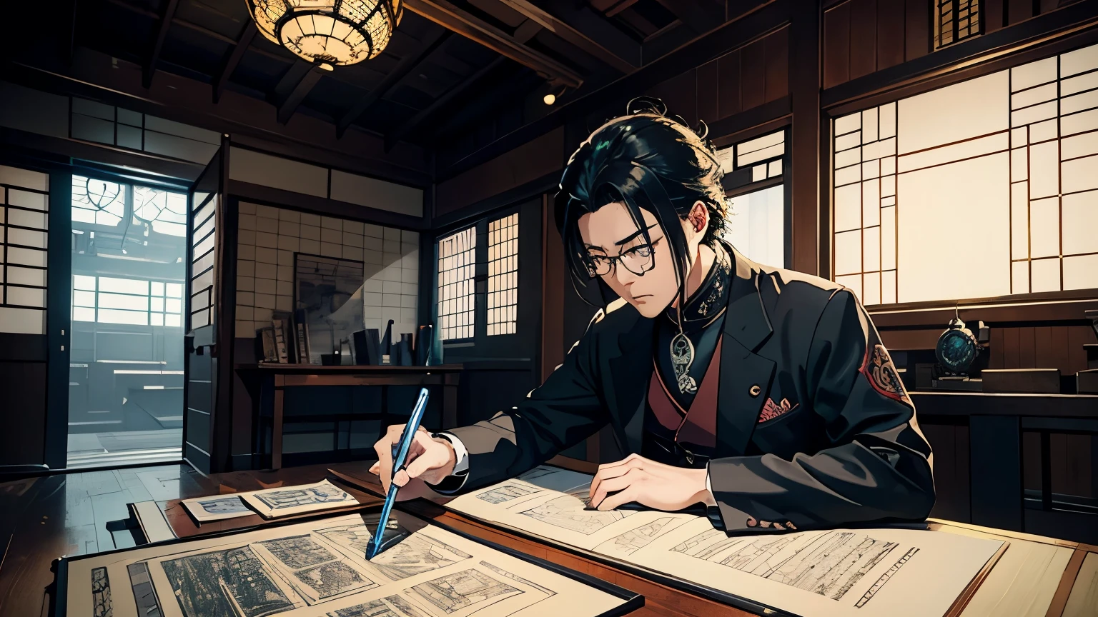 An imaginative and futuristic scene of Sakamoto Ryoma in a traditional Japanese study, surrounded by blueprints and sketches of an early concept for a subway system. Ryoma is intensely focused, holding a brush in one hand as he draws intricate designs on a large piece of parchment. The room is a blend of Edo period aesthetics with steampunk-inspired elements, such as gears, pipes, and mechanical models. Behind him, a large window reveals a bustling Edo cityscape, with an imagined, futuristic subway running underground. The lighting is warm, highlighting the contrast between the traditional and the innovative, symbolizing Ryoma’s visionary thinking.