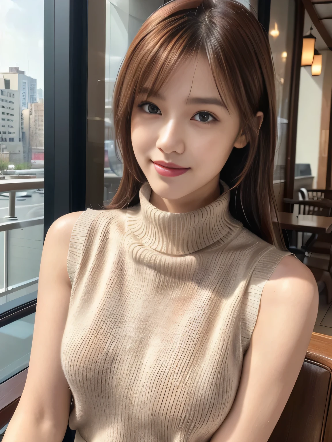 (Masterpiece:1.3), high resolution, Ultra detailed, Extremely detailed Cg Unity, 8K wallpaper, Realistic, photo-realistic, RAW photo, Beautiful detailed face, Pale skin, realistic glittering skin, Detailed cloth texture, Detailed hair texture, Perfect body, Beautiful face, Accurate, Anatomically correct, Highly detailed face and skin texture,
Detailed eyes, symetrical eyes, Light brown eyes, Double eyelids, Thin eyebrows, (Sexy lips:1.3), (Glossy lips:1.4),
(Elegant and cute Japanese:1.3), ((Wear a sleeveless turtleneck halterneck sweater:1.3)), (Pleated skirt:1.2), Slender figure, (Slightly opened mouth:1.2), (Smile:1.1), (Red hair, bangs:1.2),
(Sit opposite, outdoor cafe terrace:1.2), (focus onface:1.2), (Cowboy shot), view the viewer,