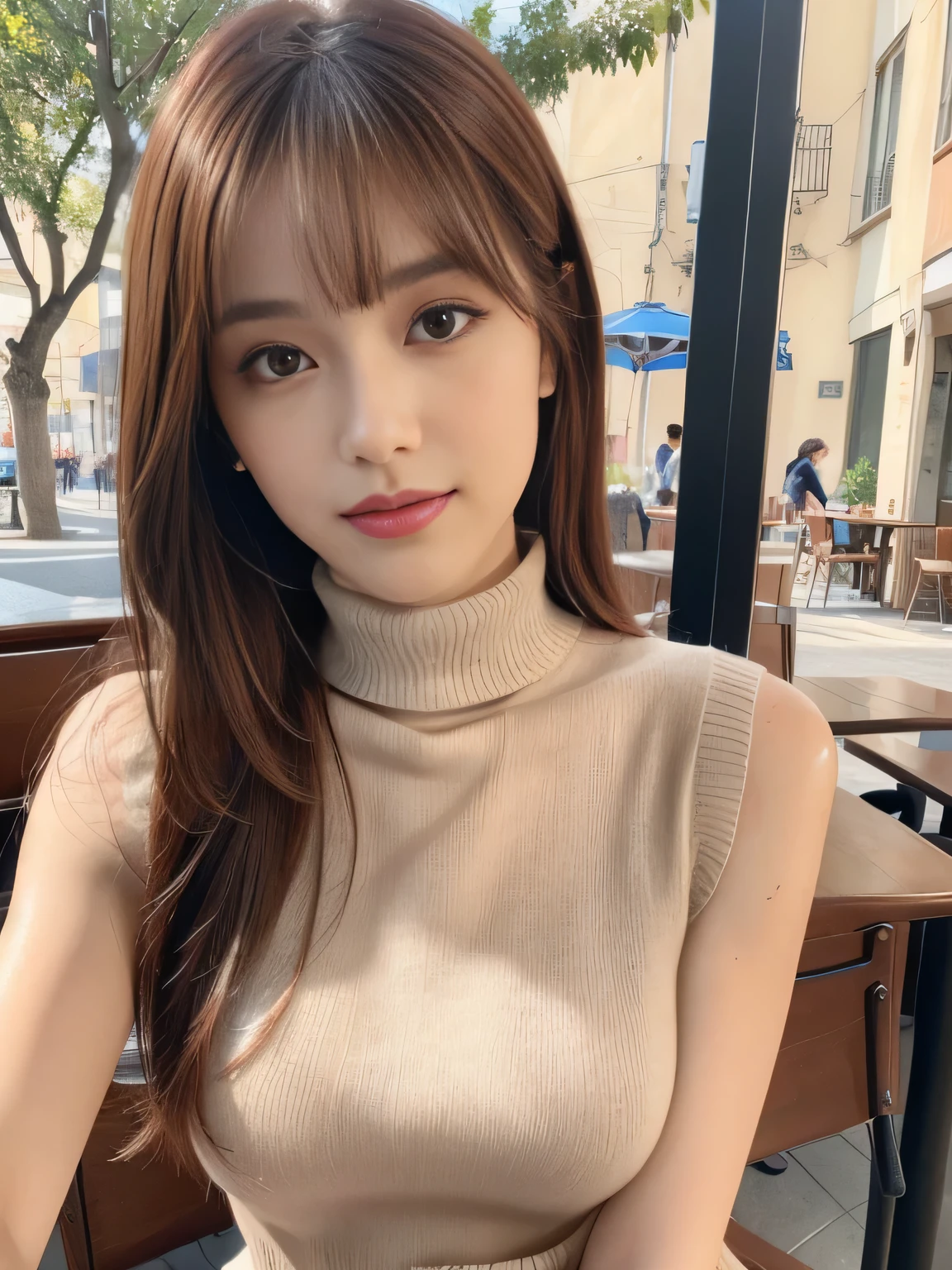 (Masterpiece:1.3), high resolution, Ultra detailed, Extremely detailed Cg Unity, 8K wallpaper, Realistic, photo-realistic, RAW photo, Beautiful detailed face, Pale skin, realistic glittering skin, Detailed cloth texture, Detailed hair texture, Perfect body, Beautiful face, Accurate, Anatomically correct, Highly detailed face and skin texture, 
Detailed eyes, symetrical eyes, Light brown eyes, Double eyelids, Thin eyebrows, (Sexy lips:1.3), (Glossy lips:1.4), 
(Elegant and cute Japanese:1.3), ((Wear a sleeveless turtleneck halterneck sweater:1.3)), (Pleated skirt:1.2), Slender figure, (Slightly opened mouth:1.2), (Smile:1.1), (Red hair, bangs:1.2), 
(Sit opposite, outdoor cafe terrace:1.2), (focus onface:1.2), (Cowboy shot), view the viewer,