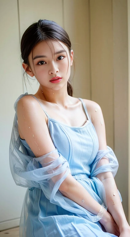 ((Highest quality, 8k, masterpiece:1.3)), concentrated: 1.2, Perfect Body Beauty: 1.4, chest: 1.2)), (Wet clothes: 1.1) 、Sheer bandeau dress: 1.1, Highly detailed face and skin texture, Delicate eyes, double eyelid, White skin, Black Hair、