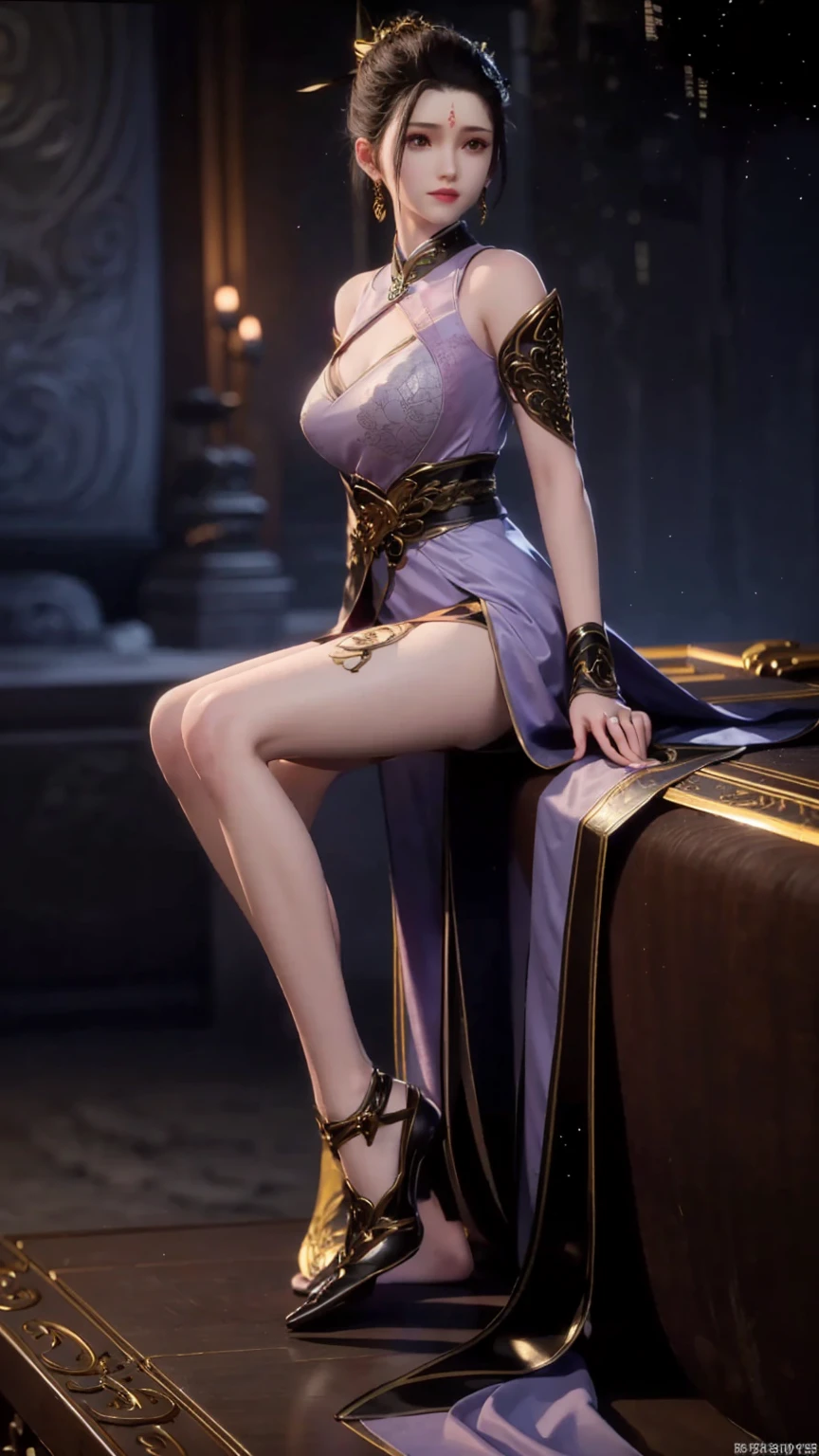 cheongsam,((whole body)), ((Sitting)), ((The hem is long, Sexy long legs)), ((Bare shoulders)),model, Young beautiful girl, Striking an elegant pose, Charming pose, Heat and cold, Beautiful and delicate eyes, Full breasts, slim body, Features, masterpiece, best quality, official art, Rich details, Clear face, Professional lighting, Physically based rendering, Necklace, Light makeup,Starry sky background,Sitting on the stars