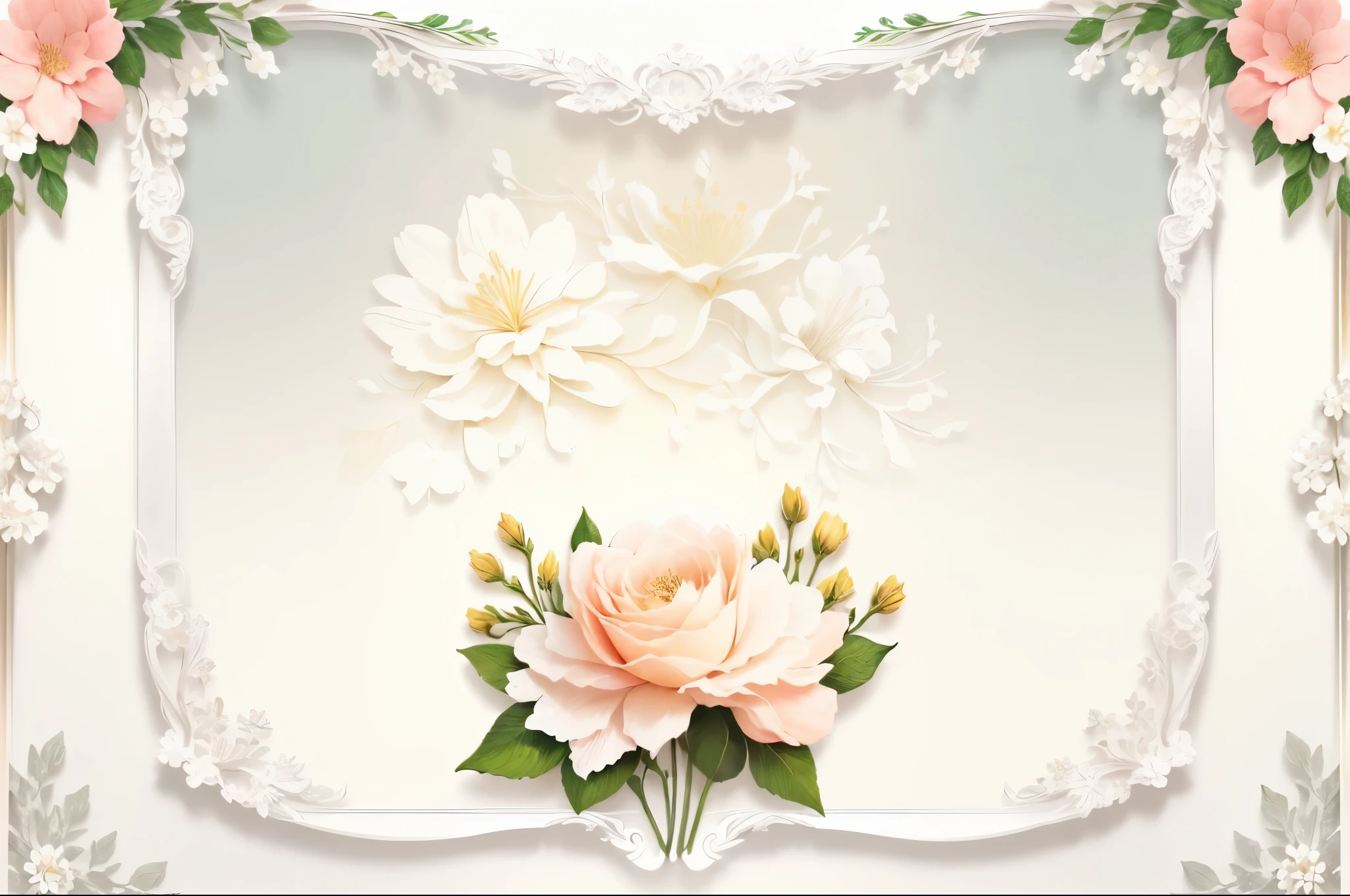 It has a floral border with flowers and leaves., flower background, Floral frame, background(solid), background natural flower, pastel flowery background, Wide Scene, floral background, fine background proportionate, Flower Environment, white border and background,  No text, plain background, background is white, White border, 