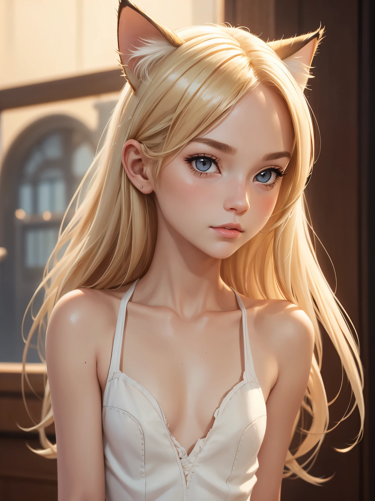 (best quality), 1girl, female, porcelain skin, blonde hair, straight hair, medium hair, swoopy tips, Flipped-up ends, brown eyes, perfect eyes, skinny body, , (cat ears), small bust, blush, masterpiece, anatomically correct, highres