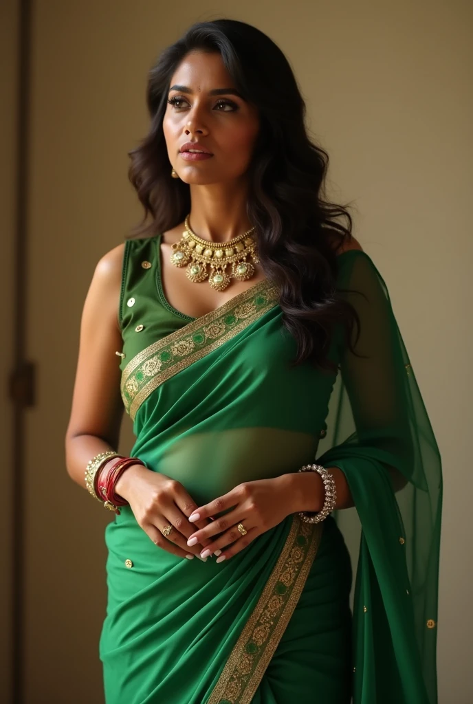 Hot indian girl wearing gorgeous green sari giving blowjob and titjob