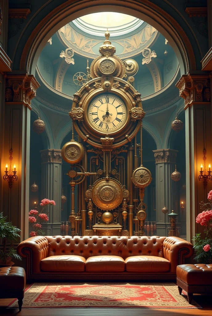 A retro living room with a very large clockwork clock, A living room with a carpet and leather sofa on the floor, A living room with a very high dome-shaped ceiling, A magical world-like appearance, The wall is composed of a combination of machine parts and clockwork clocks, Time numbers that transcend the past and present float in the air