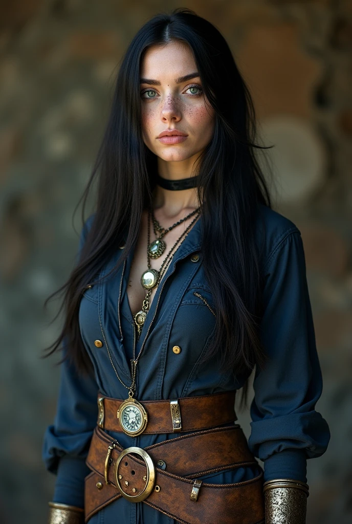 fantasy woman, tall, slim, 28 years old, fair skin with occasional freckles, black hair with a faint bluish sheen, long and straight hair with middle parting, dark blue eyes, oval narrow face, sharp pointed triangular nose, sharp facial features, serious expression, tough look, steampunk outfit resembling jeweler's work clothes in dark blue and dark brown, worn metal accessories, lots of jewelry, dirty appearance