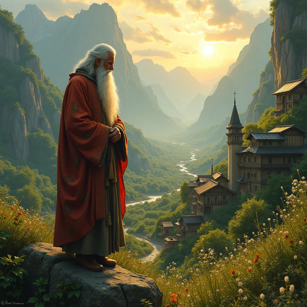 A wise man stands before a village nestled between mountains and forest.