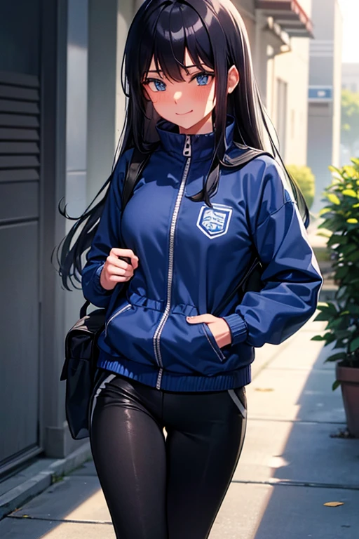 A high school girl in the track and field club, with black hair and blue eyes, wearing a long-sleeved blue windbreaker, black long pants, and a black backpack, smiles shyly with a flushed face as she walks down a path at dusk.