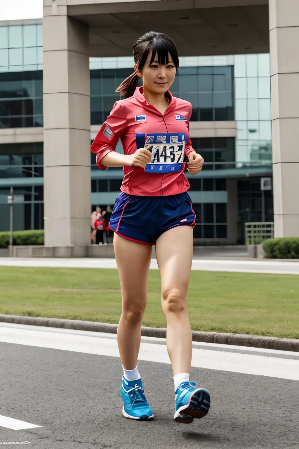 Japanese woman, 40 years old, I'm piloting a Gundam、participating in a marathon.