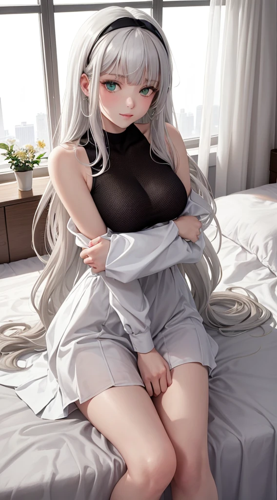 Character Details:, - Gender: 1 Girl.
- Style: Anime, - Body Type: Attractive body, nice body, nice legs, nice tights, nice arms, nice shoulders. - Breast: (Breast:1.2)- Facial Feature: Beautiful, Gorgeous, ager, Fresh, Young.
- Expression: Small smile, Naughty Eyes, emerald green eyes. - Hairstyle: Blunt Bangs. - Hair Color: (White Grey Hair:1.5), (Straight and Wavy Long Hair:1.3),
- Clothing: (Girly Dating Dress.). - Body Pose: (Sitting on bed:1.3), Teasing, Look on camera, (Hands down).- Behaviour: Waiting, Want Something, Secretly.
- Accessories: Earrings, thin Black Headband, Green Hair Accessories, Environmental Details:, - Setting: Bed Room., - Lighting: Natural Light., - Decoration: Modern Bed, Chair, Window, White Curtain, City View. Top view. pov, anime style, UHD, retina, masterpiece, accurate, anatomically correct, textured skin.