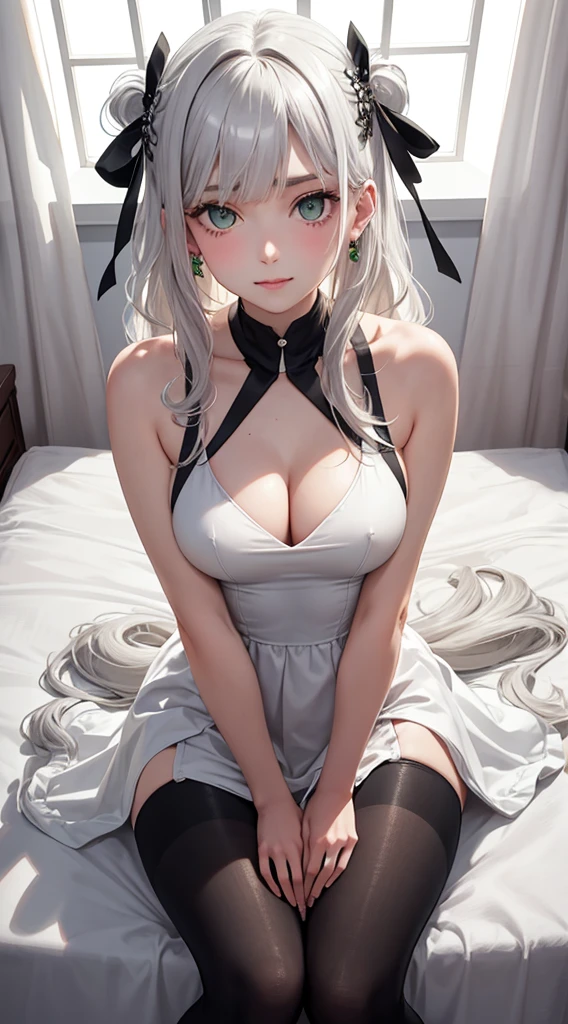 Character Details:, - Gender: 1 Girl.
- Style: Anime, - Body Type: Attractive body, nice body, nice legs, nice tights, nice arms, nice shoulders. - Breast: (Breast:1.2)- Facial Feature: Beautiful, Gorgeous, ager, Fresh, Young.
- Expression: Small smile, Naughty Eyes, emerald green eyes. - Hairstyle: Blunt Bangs. - Hair Color: (White Grey Hair:1.5), (Straight and Wavy Long Hair:1.3),
- Clothing: (Girly Dating Dress.). - Body Pose: (Sitting on bed:1.3), Teasing, Look on camera, (Hands down).- Behaviour: Waiting, Want Something, Secretly.
- Accessories: Earrings, thin Black Headband, Green Hair Accessories, Environmental Details:, - Setting: Bed Room., - Lighting: Natural Light., - Decoration: Modern Bed, Chair, Window, White Curtain, City View. Top view. pov, anime style, UHD, retina, masterpiece, accurate, anatomically correct, textured skin.