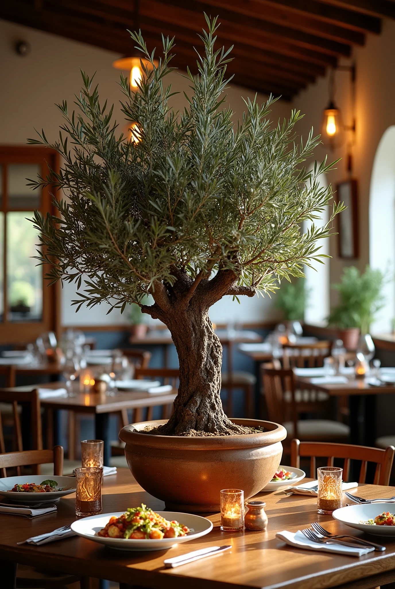 Olive tree in a basin in a restaurant