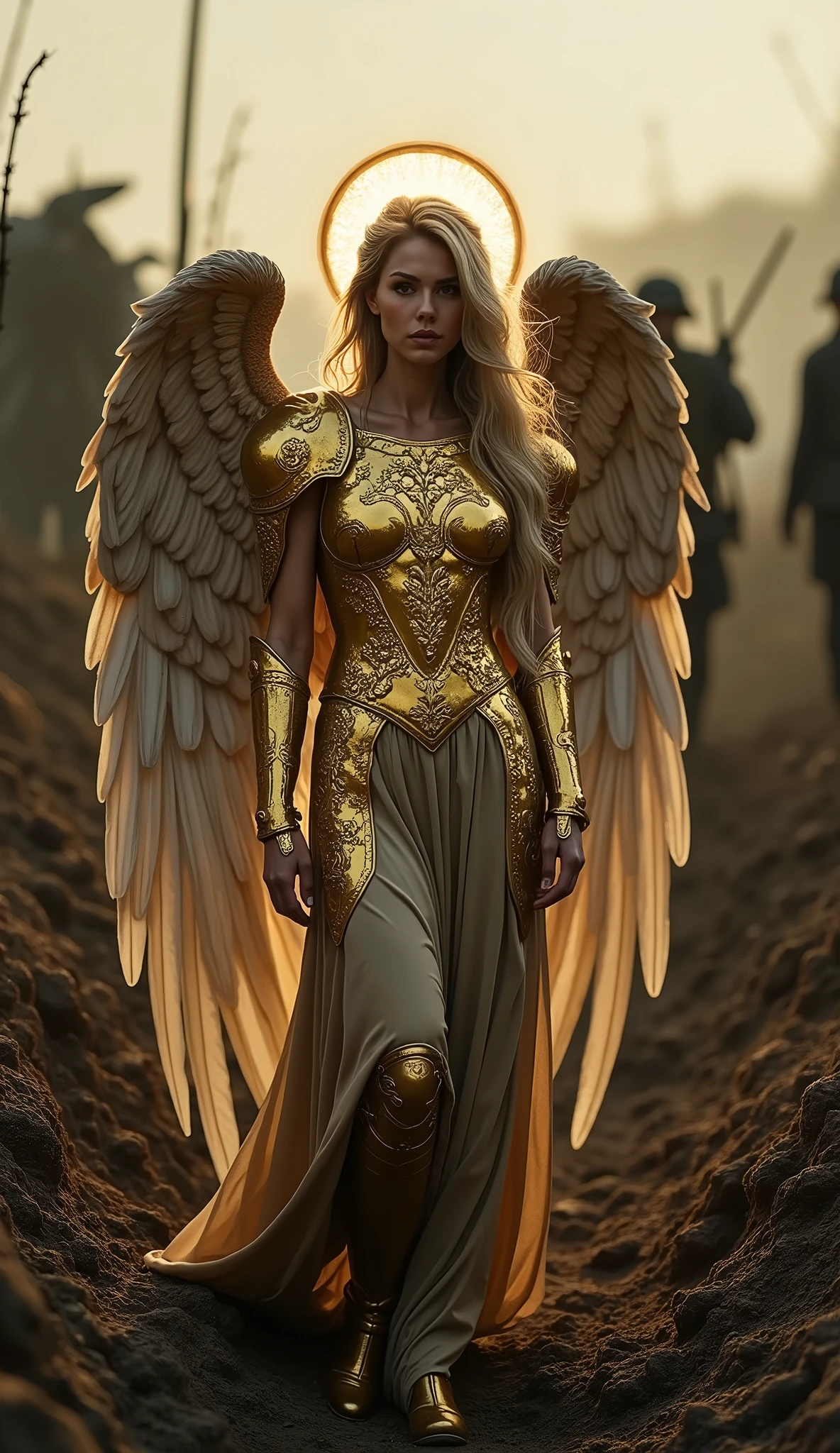 Beautiful female angel standing in a World War I trench, Halo, Wearing ancient Greek-style gold armor