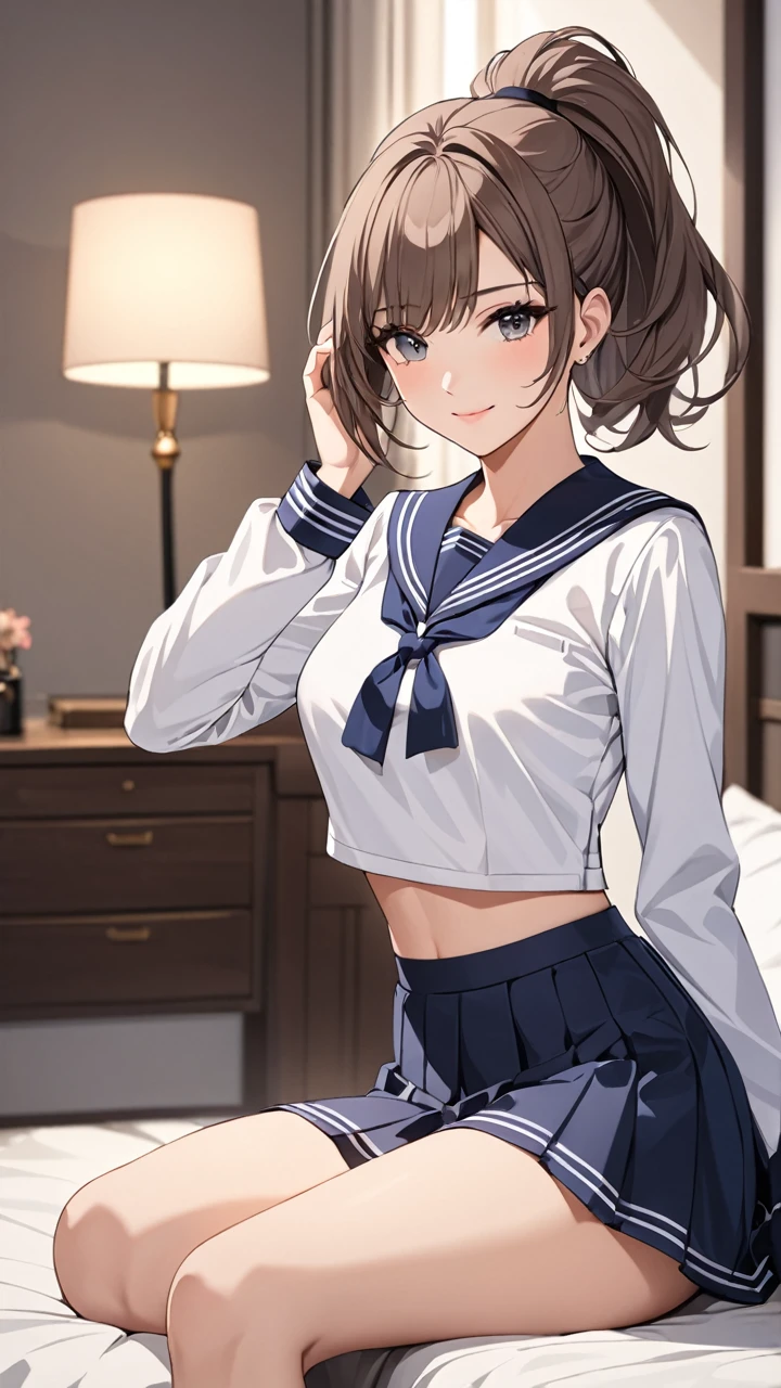 Highest quality　masterpiece　High resolution　masterpiece　Brown Bob　　Grey Eyes, high pony tail cut, wearing long sleeves sailor uniform, seductive smile, tight, sit, bedroom, midriff peek, mature female, adjusting hair, skirt