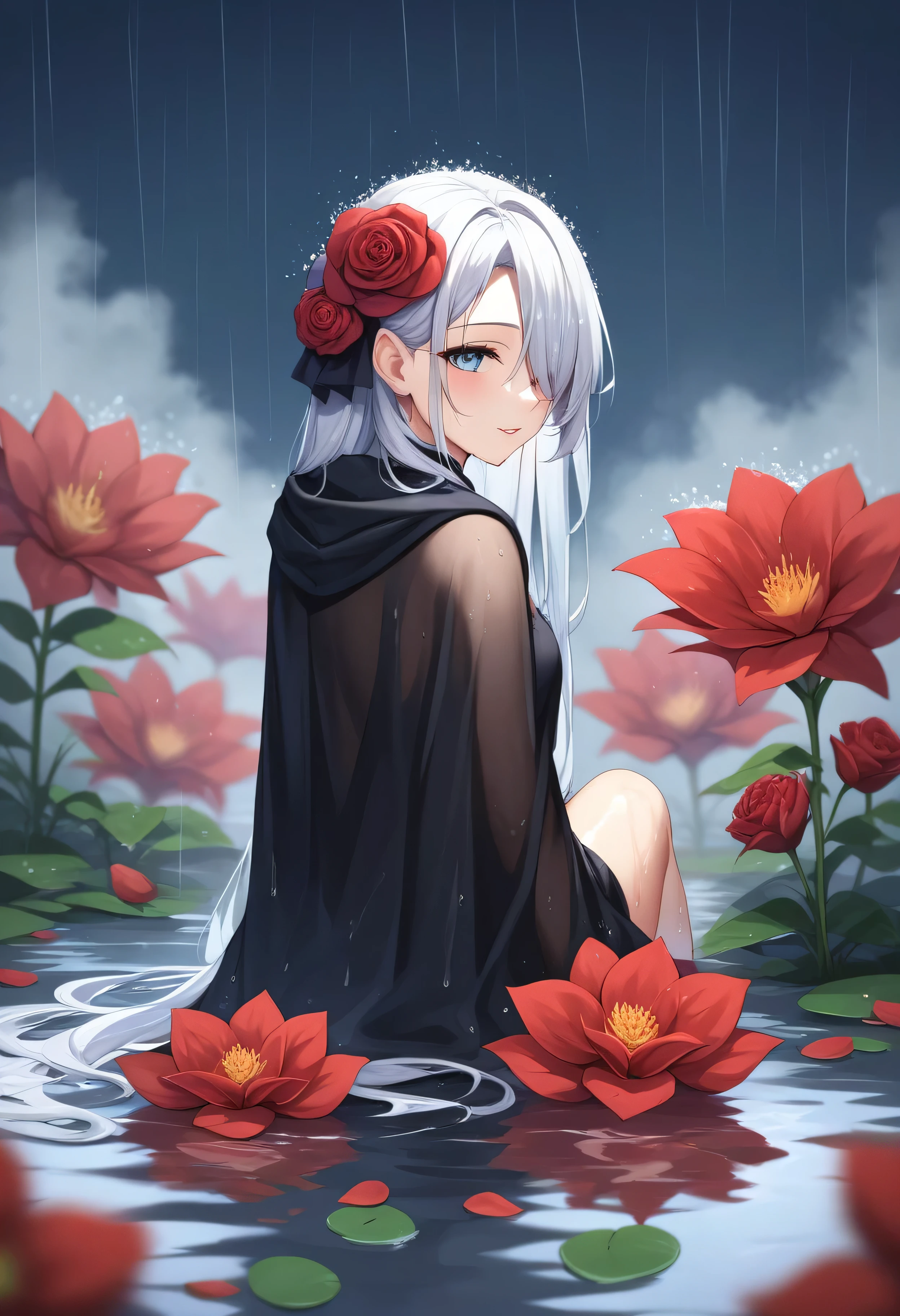 1girl,solo,1girl,solo,((beautiful detailed eyes)), (detailed light),depth of field,(white hair),silver eyes,hair over one eye,(red flower ), hair flower,long hair,black cloak,wet,emotionless,looking back,night,starfall,raining,fog,red flowers falling,sketch,full body,intense shadows,