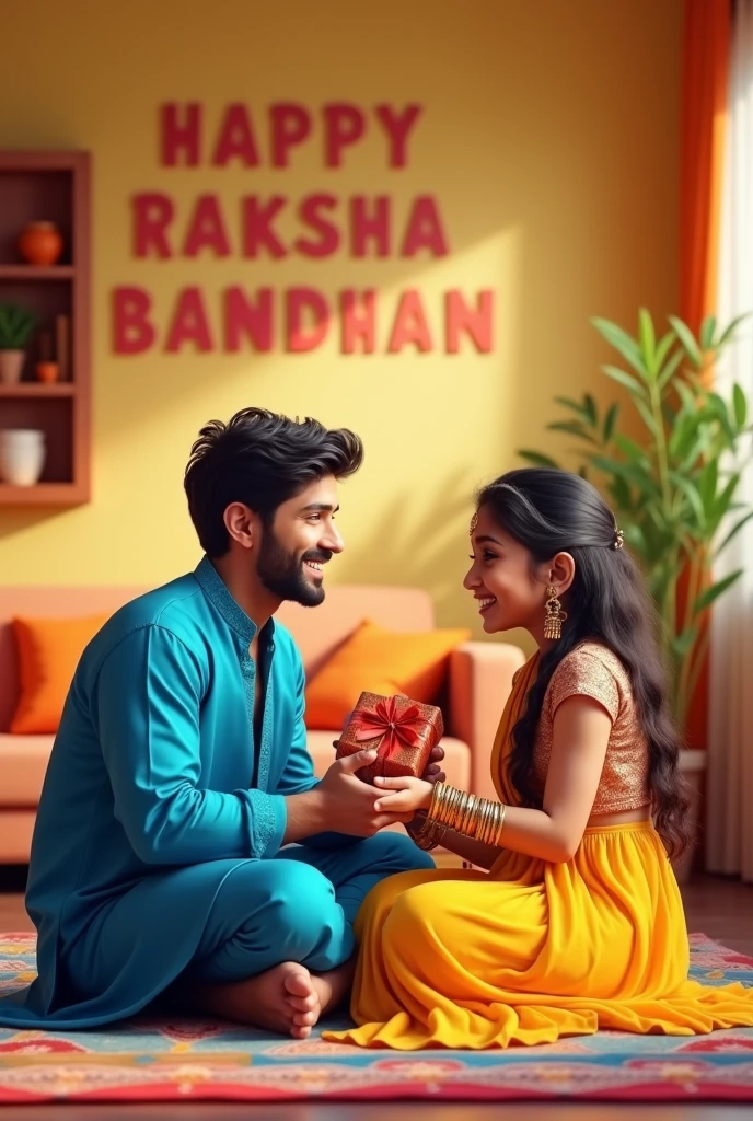 A realistic 20 year old Cute boy and girl are sitting face to face on a colorful mat in the home lobby, the boy has extended one of his hand forward And Girl tying Rakhi on brother's hand. boy is wearing a Blue colored kurta And the girl is wearing a yellow Lahenga, boy has a gift box in his other hand, is smiling, girl has applied tilak on his forehead, and on the wall in bold letters "HAPPY RAKSHA BANDHAN" "Pawan & Pinky" It is written, 4k image