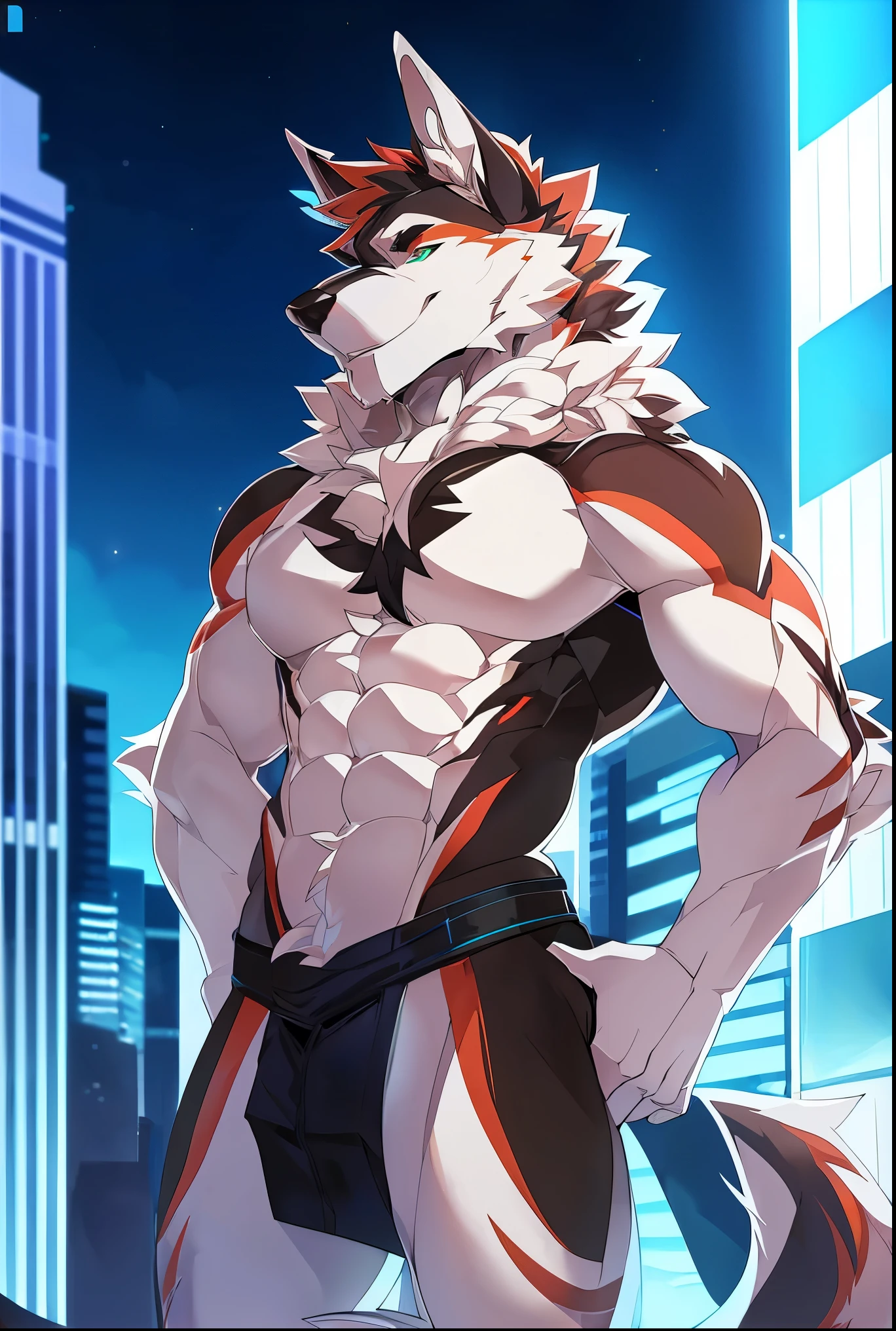 ((Solo)), male people, anthro wolf, (Multi-colored fur, White tail pointed), (Height 3meters,Tail length 2meters), Abs, pinginuscular, A long big tail, by patto, modern city