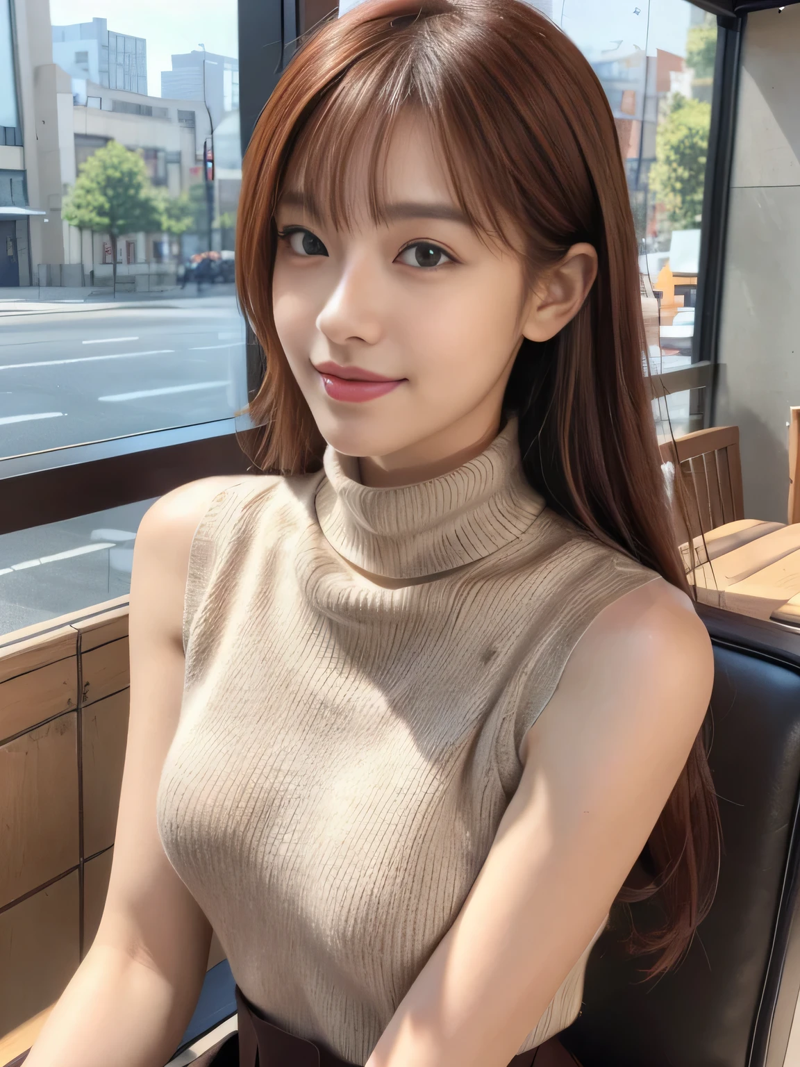 (Masterpiece:1.3), high resolution, Ultra detailed, Extremely detailed Cg Unity, 8K wallpaper, Realistic, photo-realistic, RAW photo, Beautiful detailed face, Pale skin, realistic glittering skin, Detailed cloth texture, Detailed hair texture, Perfect body, Beautiful face, Accurate, Anatomically correct, Highly detailed face and skin texture,
Detailed eyes, symetrical eyes, Light brown eyes, Double eyelids, Thin eyebrows, (Sexy lips:1.3), (Glossy lips:1.4),
(Elegant and cute Japanese:1.3), ((Wear a sleeveless turtleneck halterneck sweater:1.3)), (Pleated skirt:1.2), Slender figure, (Slightly opened mouth:1.2), (Smile:1.1), (Red hair, bangs:1.2),
(Sit opposite, outdoor cafe terrace:1.2), (focus onface:1.2), (Cowboy shot), view the viewer,