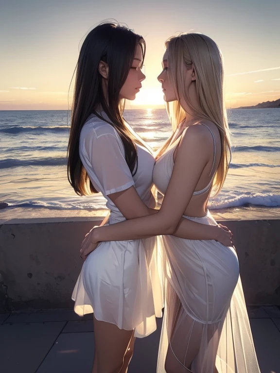 (realistic photo:1.37), Beautiful face profile, Summer sea evening sunset, The sunset is reflected on the sea surface, (Dazzling sunset:1.4, beautiful evening sunset:1.3), 2 womans on the beach, Two beautiful women are about to hug each other's waists and kiss, (Lens Ghosting:1.5, lens flare:1.2, Diamond-shaped lens ghost), (String of saliva:1.2), sensual, (Silky platinum blonde Hair:1.2), (The other one woman ultra Shiny straight black hair:1.3), ((Natural backlighting:1.4)), detalhes faciais, ((one girl wears mini skirt and sheer white Summer clothes, The other woman wears a sheer tulle skirt and Sheer tops)), (medium breasts:0.9), (blushing and making a kissy face:1.2), ((full body view:1.2)), very beautiful face, A well-balanced face profile, blonde girl and Black Hair girl, erotic a look, Highly detailed face, Slightly slimmer body, Realistic Skin, 
BREAK. masterpiece, ultra high resolution, high definition RAW photograph, Highly detailed CG, best quality, 4K, perfect anatomy, perfect proportions, Slightly open shirt, Romantic Landscape, Sparkling sea, Accurate limbs, Back blur, pale blue eyes, Hand details, finger details, erotic body, 