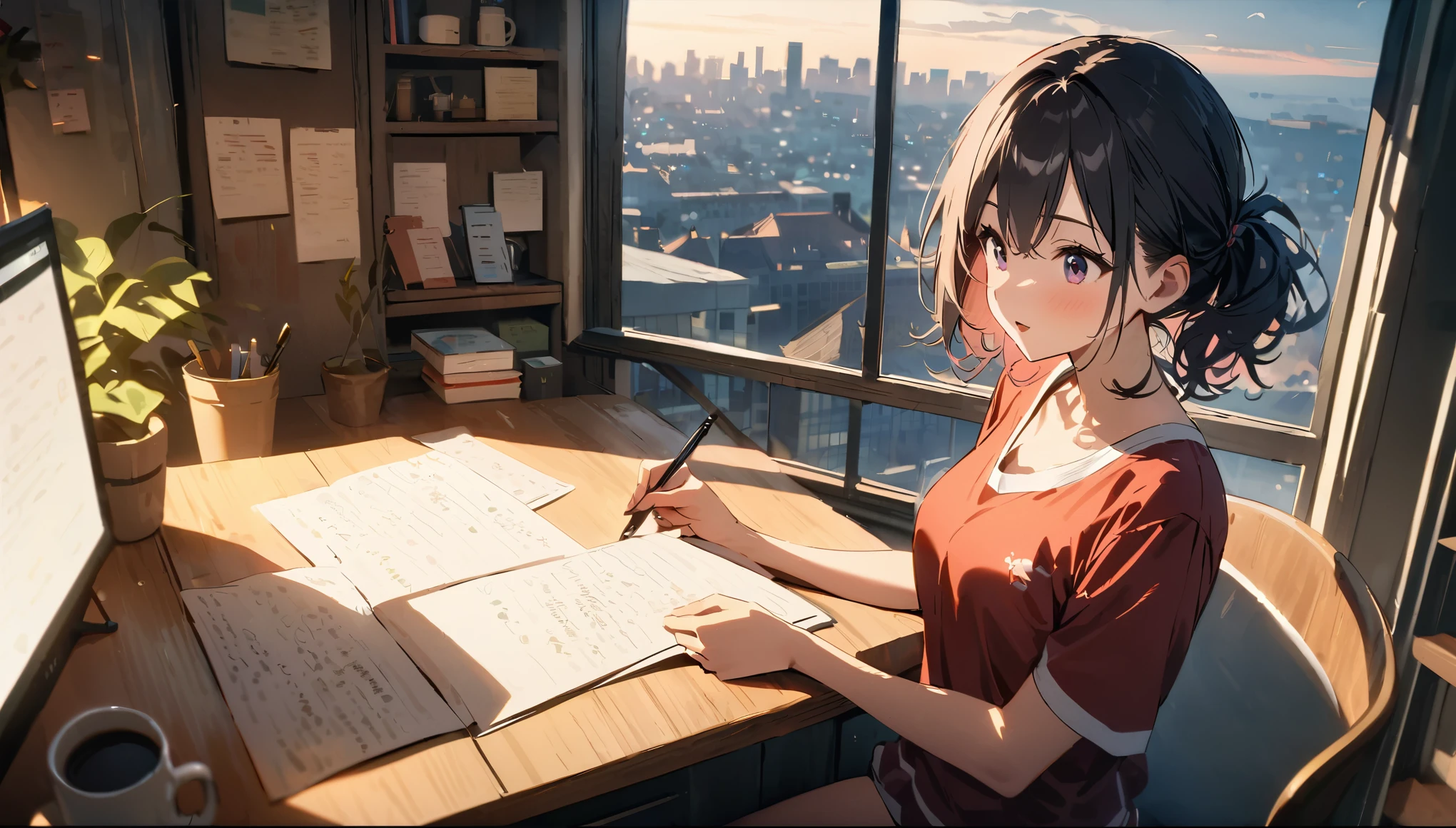 Beautiful female college student, By the window, Note,Noteを見つめる, Cafe, Window leading to the white desk, City view, High places, Overlooking the cityscape, Note, Holding a pen and a mug,, Black Hair, Lounge wear in the middle of summer, ((Skin on the side)), Intellectual atmosphere, Lighting, Knowledge, scholarship, learning tools, enthusiasm, Quiet environment, enthusiasm, Immersion, curiosity, Research, concentrated, sense of achievement, cinematic Lighting, Sony FE GM, masterpiece, Highest quality, 4K, Academic atmosphere, (masterpiece), (Highest quality), Ultra-high resolution, Sharp focus, Beautiful detailed hair