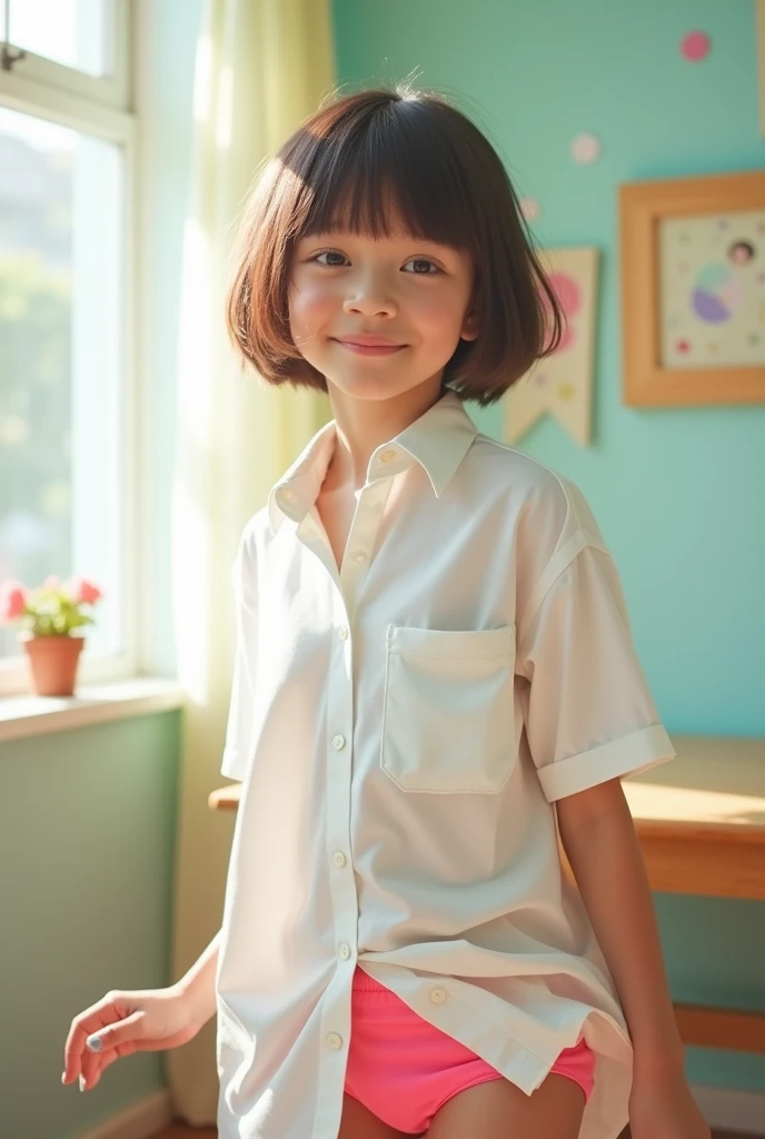 Girl, short hair, white shirt, pink panty