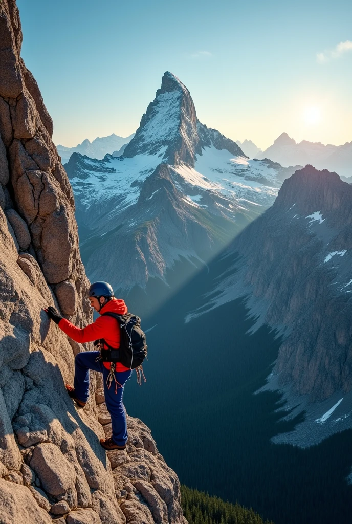 Image of a person climbing a steep mountain with a challenging path ahead, but with a clear view of the summit.