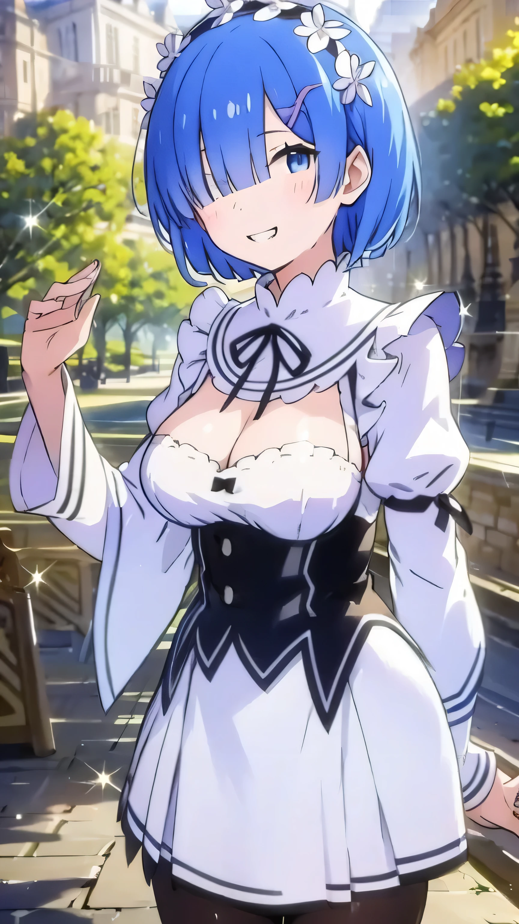 (8k、Best image quality、Highest quality、masterpiece)、Detailed face、((One ))、Blue Hair、Bobcut、Blunt bangs、shiny bright blue eyes、Wicked Smile、((Grin))、((Big Breasts、Big cleavage))、White shirt and pleated skirt、((girl skirt))、Black Pantyhose、Cowboy Shot、salute、The station platform waiting for the train 、Station Background、(Someone knowledgeable、Glowing Skin、Oily skin)、Written background、Background Blur、