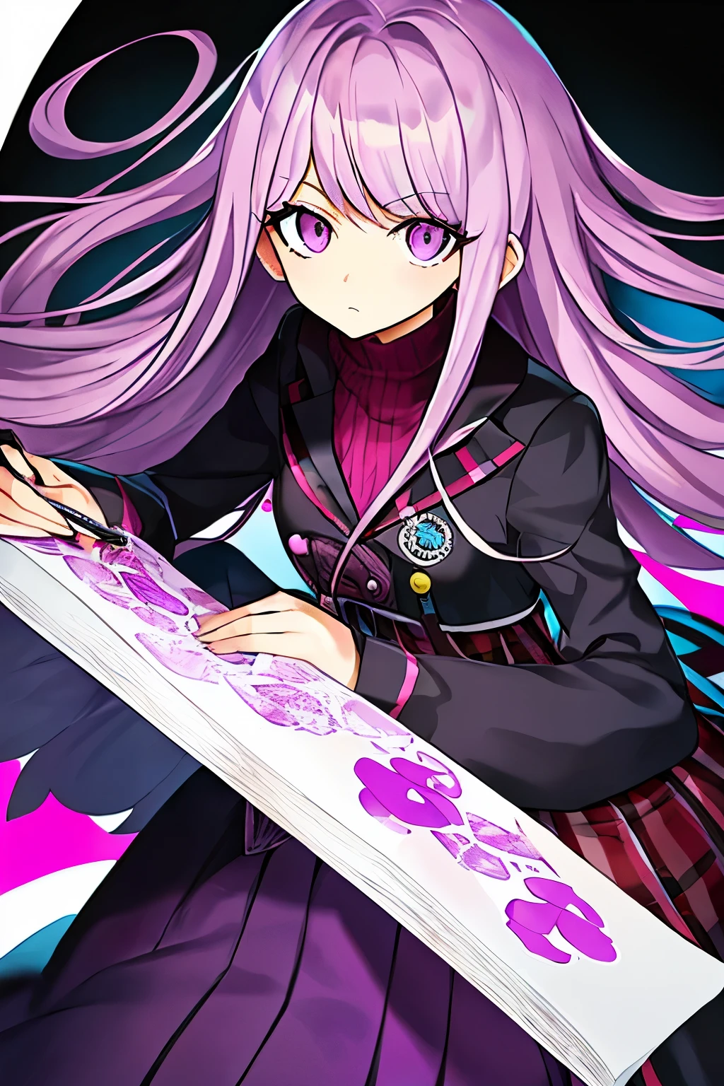 Anime style illustration of a woman with purple hair, Dark brown and vermilion, Danganronpa's Eye, purple themed,Deemo's style!!, Candypunk character design!!, Low saturation!!, dark,Handwritten style!!!,Rough art style,Simplified design,low quality,Fewer polygons,Stuttering,Dark fairy tale,cute