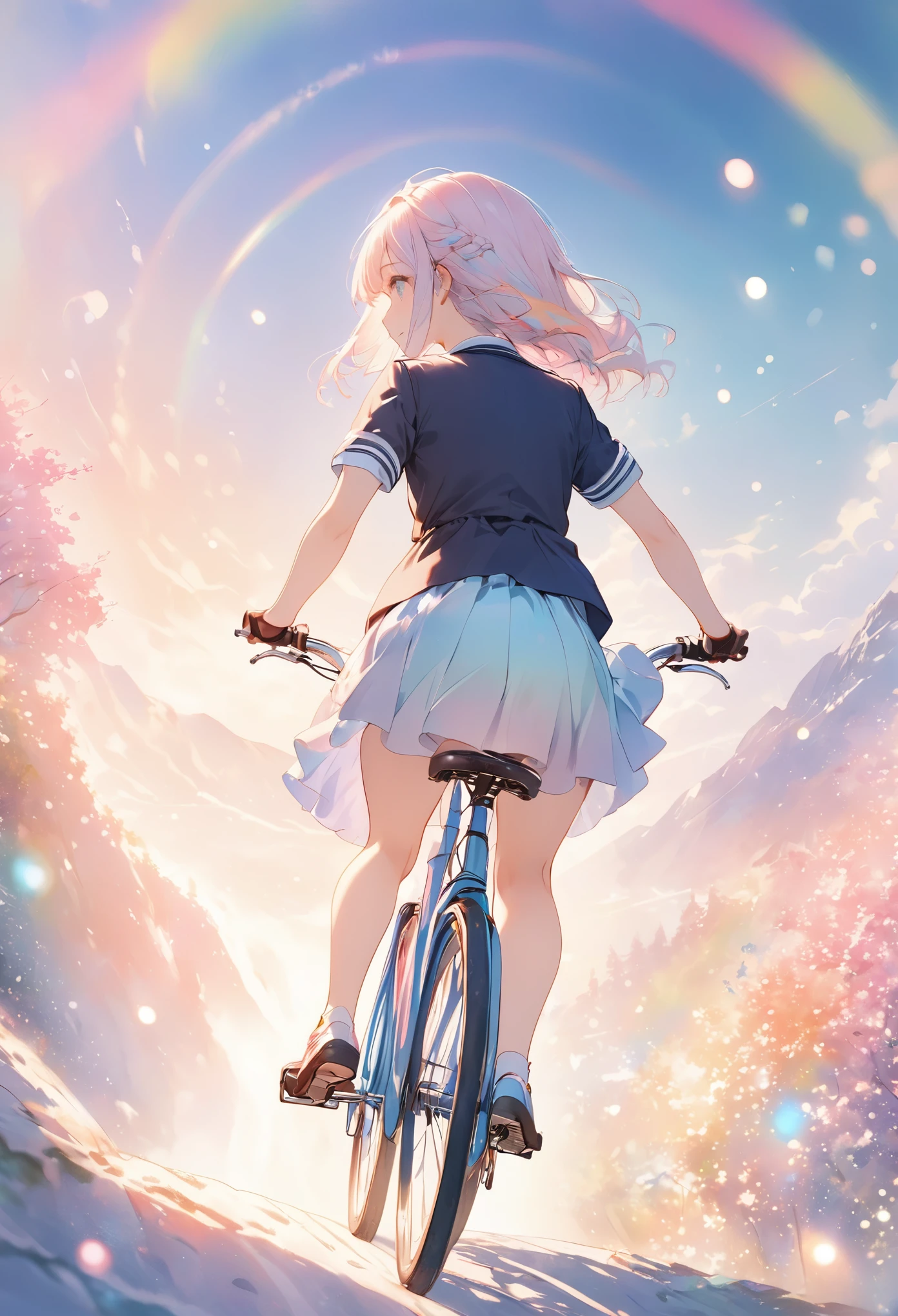 masterpiece, best quality, extremely detailed CG unity 8k wallpaper, Anime illustration of a high school girl riding a bicycle down an amazing downhill slope. wearing a uniform. She is riding a bicycle with her legs spread to the sides. Angle seen from the back of the girl. It is painted in pastel colors and has a very emotional atmosphere. Watercolor. bokeh photography, (soft focus):1.2, out-of-focus highlights, dreamy ambiance, glowing circles, mesmerizing depth, depth of field