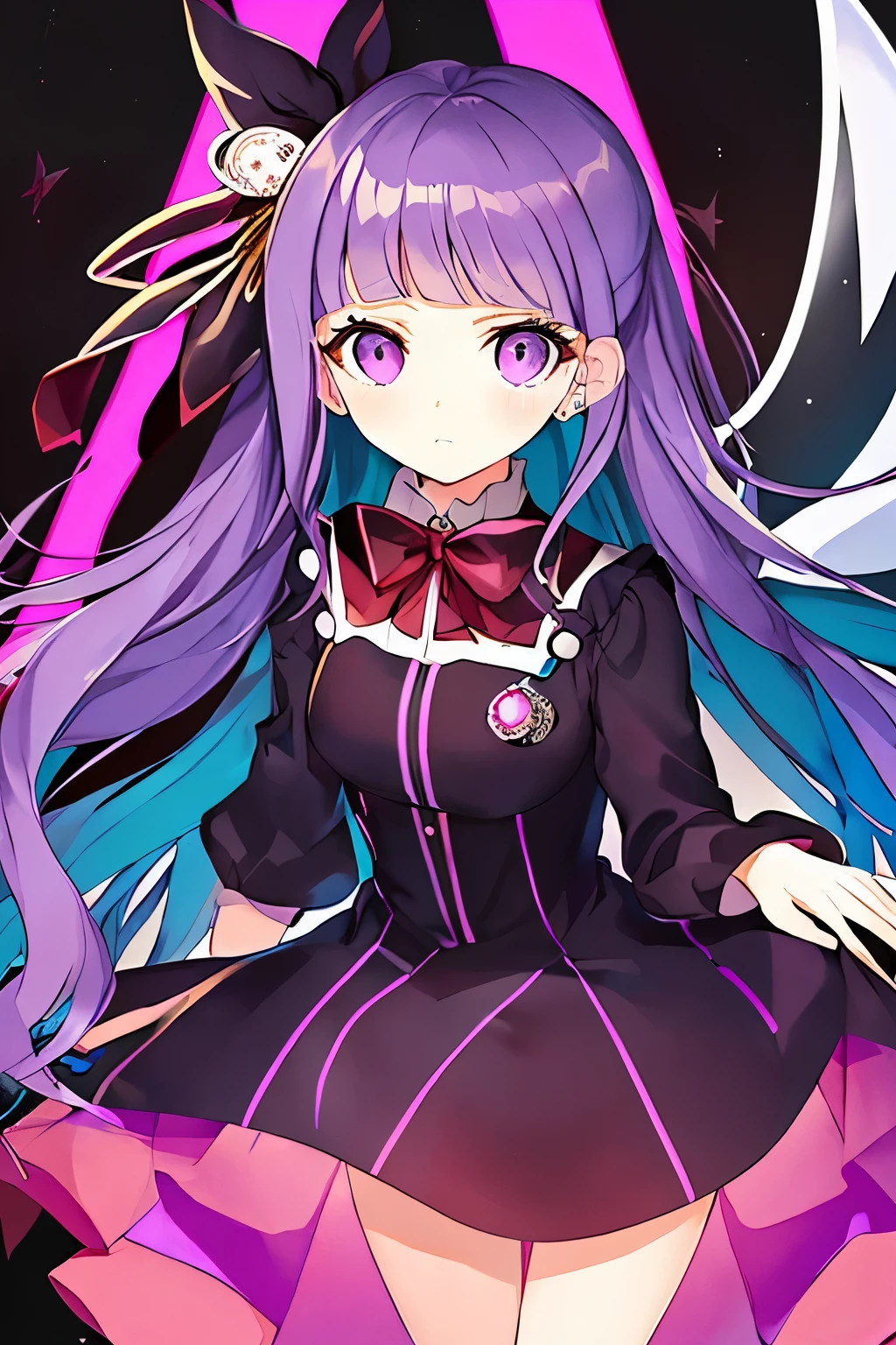 Anime style illustration of a woman with purple hair, Dark brown and vermilion, Danganronpa's Eye, purple themed,Deemo's style!!, Candypunk character design!!, Low saturation!!, dark,Handwritten style!!!,Rough art style,Simplified design,low quality,Fewer polygons,Stuttering,Dark fairy tale,cute