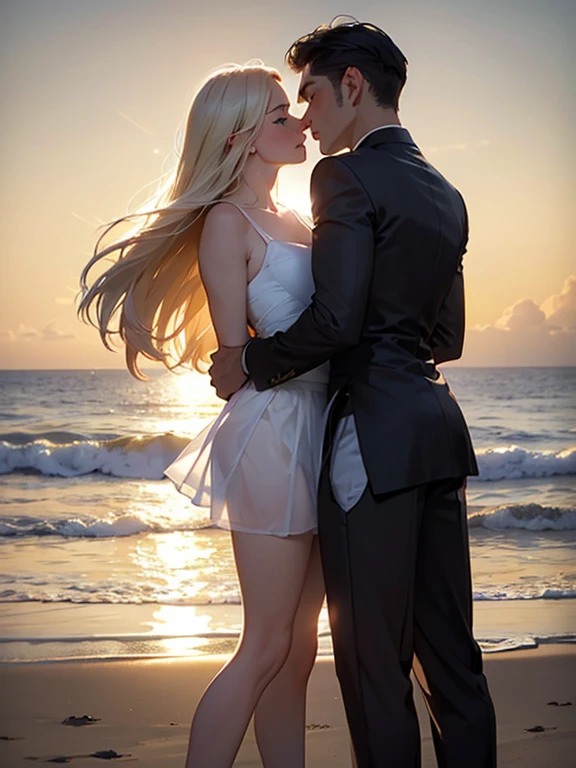(realistic photo:1.37), Beautiful face profile, Summer sea evening sunset, The sunset is reflected on the sea surface, (Dazzling sunset:1.4, beautiful evening sunset:1.3), 2 womans on the beach, Two beautiful women are about to hug each other's waists and kiss, (Lens Ghosting:1.5, lens flare:1.2, Diamond-shaped lens ghost), (String of saliva:1.2), sensual, (Silky platinum blonde Hair:1.2), (The other one woman ultra Shiny straight black hair:1.3), ((Natural backlighting:1.4)), detalhes faciais, ((one girl wears mini skirt and sheer white Summer clothes, The other woman wears a sheer tulle skirt and Sheer tops)), (medium breasts:0.9), (blushing and making a kissy face:1.2), ((full body view:1.2)), very beautiful face, A well-balanced face profile, blonde girl and Black Hair girl, erotic a look, Highly detailed face, Slightly slimmer body, Realistic Skin,
BREAK. masterpiece, ultra high resolution, high definition RAW photograph, Highly detailed CG, best quality, 4K, perfect anatomy, perfect proportions, Slightly open shirt, Romantic Landscape, Sparkling sea, Accurate limbs, Back blur, pale blue eyes, Hand details, finger details, erotic body,