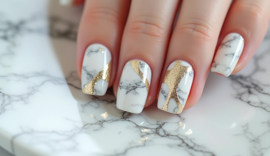 **Marble Elegance Nail Art:** The nails are adorned with sophisticated marble patterns in shades of white, grey, and soft gold. The background is a continuation of the marble effect with subtle veining and texture, creating a cohesive and elegant look. This design offers a chic and timeless aesthetic, resembling polished marble surfaces.